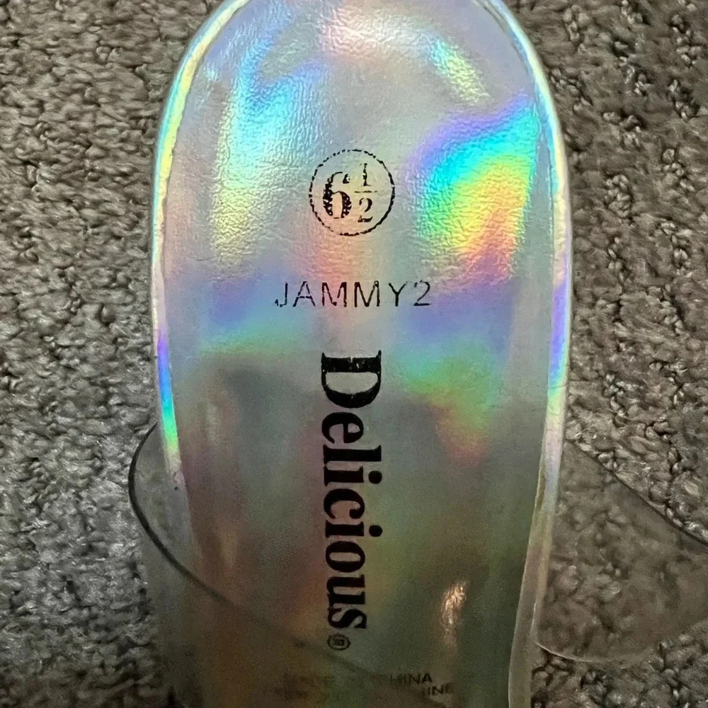 Delicious Jammy2 Clear Strap Holographic Mule Heels Size 6.5 - Picture 2 of 4
